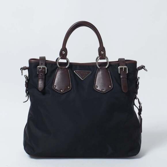 Prada Handbags - Prada Nylon Brown Leather Triangle Logo Plate Shoulder Strap Handbag